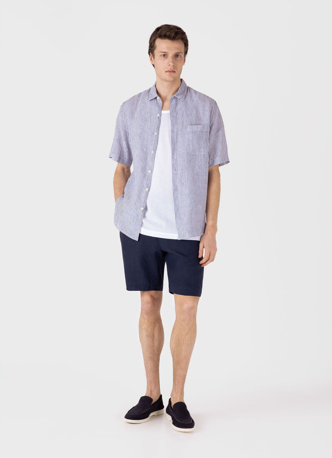Men's Short Sleeve Linen Shirt in Navy/White